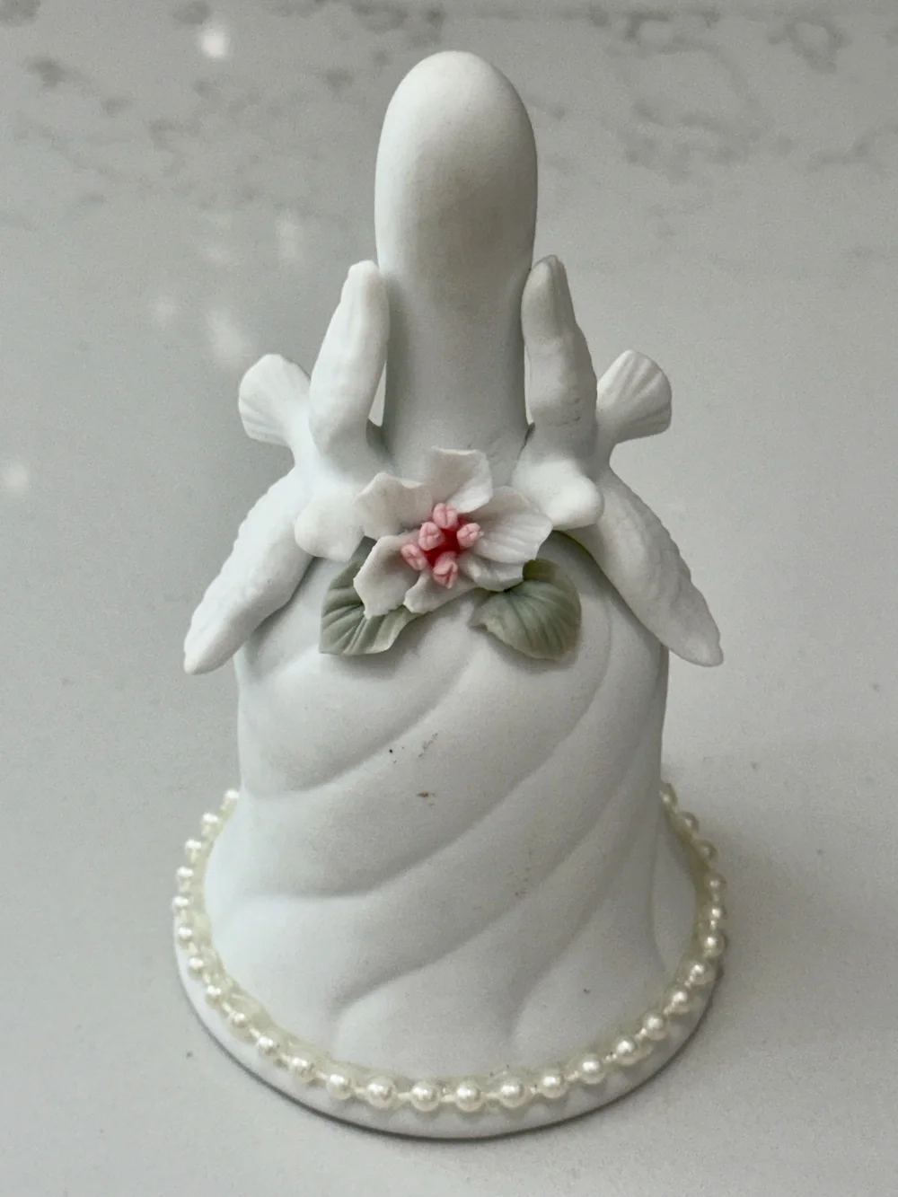 Vintage IG Collectible Hand-Craft Bisque Porcelain Wedding Bell Pearl Trim Doves